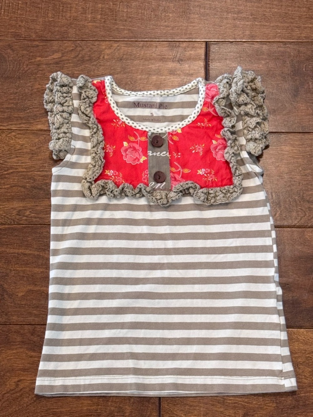 Mustard Pie Ded Floral Bib Tan Stripe Ruffle Tank - Size 5